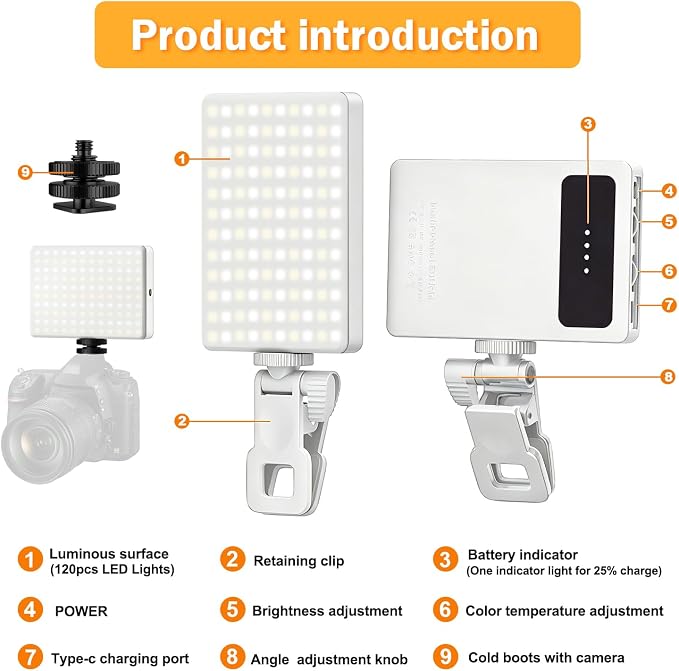 120 LED Selfie Light for iPhone, Portable Phone Light with Clip & Camera Tripod Adapter - 5000mAh Rechargeable, 3 Lighting Modes, CRI 97+ for Video Recording, TikTok, Tripod Mount Rings