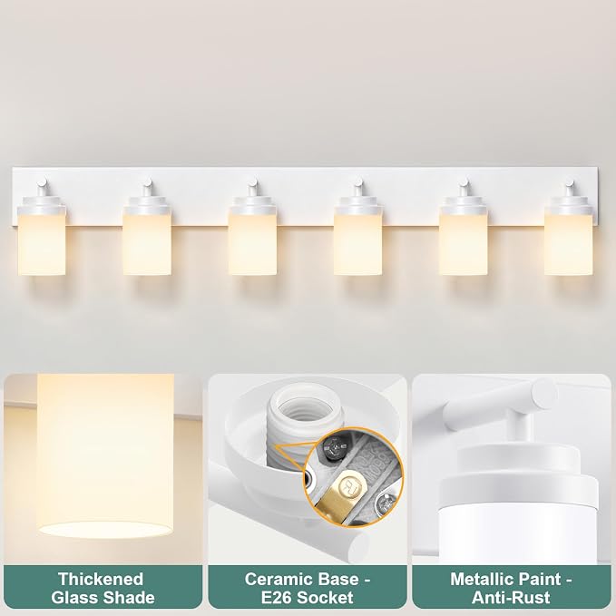 IZORRO Bathroom Vanity Light Fixture, 6-Light 46 Inch White Bathroom Light Fixtures Over Mirror, with White Glass Shade, Modern Farmhouse Vanity Lights, Rustic Restroom Lighting Fixtures