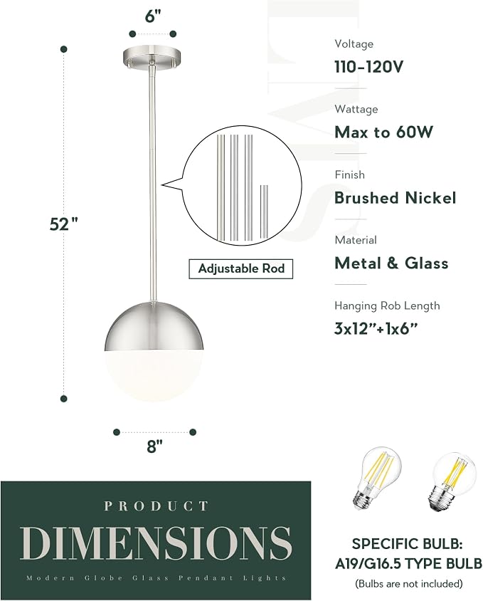 Brushed Nickel Pendant Lights Kitchen Island, 8" Modern Globe Pendant Light Fixtures with Milk White Glass, Adjustable Hanging Lighting for Kitchen Island Sink Bedroom Bathroom, LMS-203