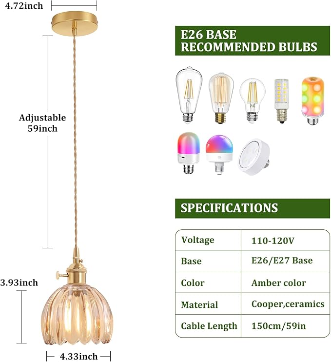 Pendant Light with Amber Tulip Glass Lmapshade, Brass Vintage Pendant Light Adjustable Hanging Light for Kitchen Island Dining Room Hallway