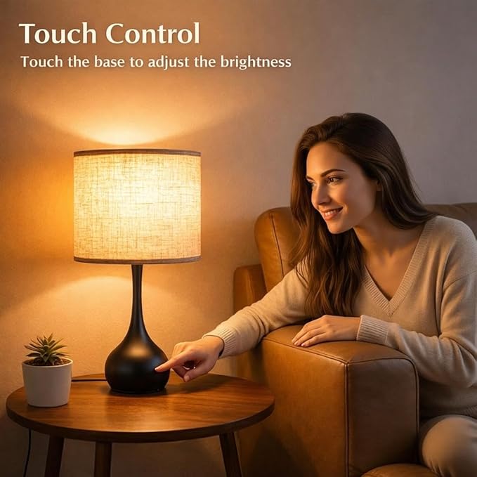 Touch Table Lamp for Bedroom Set of 2,3 Way dimmable Nightstand Bedside Lamp with Linen Shade,Desk Lamp for Living Room, Guest Room, Home Office