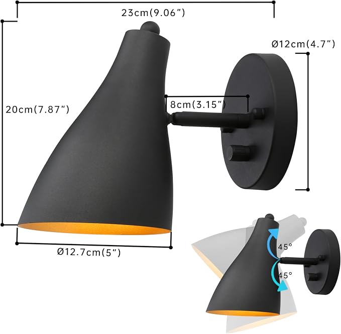 Adjustable Wall Sconce Lighting with Dimmer Switch | Vintage Wall Vanity Lighting Matte Black Finish, Hardwired Wall Light Lamp for Bedside Living Room
