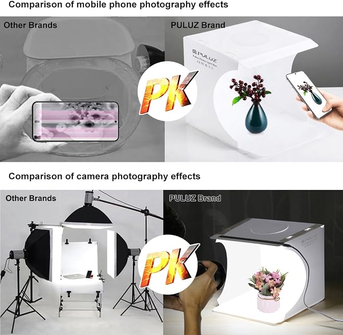 Mini Photo Studio Light Box, PULUZ Portable Folding Photography Lighting Tent Kit with 5500K LED Lights 6 Color Backdrops for Small Items Products Photography 21cm