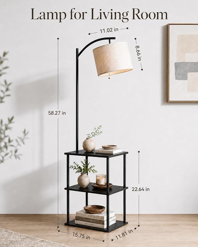 GERGO Floor Lamp with Table, Side Table for Living Room, 3 CCT 9W LED Bulb | Adjustable Linen Shade & Pull Chain, Modern Coffee End Table, Night Stand with Storage Shelves for Bedroom, Office Home Décor