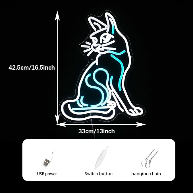 Dimmable Cat Neon Sign White Ice Blue Cat Neon Light Led Cat Light Up Sign for Wall Decor USB Powered Neon Light Cat Sign for Pet Shop Bedroom Cat Cafe Art Room Cat Lover Gift(16.5"*13"）