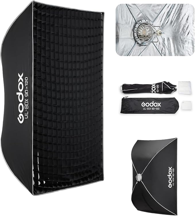 Godox Softbox UL-90x120 Large Rectangular Softbox, Quick-Release Umbrella Bowens Mount with Grid & Diffuser & Deflector, for Video Recording & Live Streaming