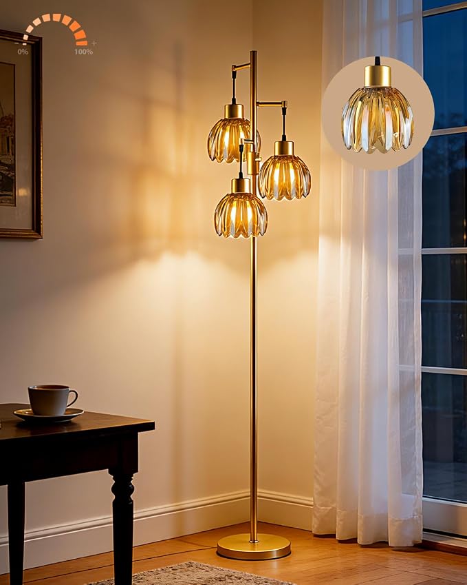 Lightdot 65'' Glass Floor Lamp Dimmable Gold with Brown Lotus Glass Shade & 3000K Bulbs Included 3-Lights Modern Tall Standing Lamp with 5Lbs Heavy Base for Living Room/Bedroom/Sofa/Corner Decor