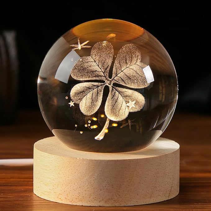 IFOLAINA 3D Four-Leaf Clover Crystal Ball 60mm Good Luck Gifts Ideas with Multicolor Lighting Base St Patricks Day Gifts for Women Men Decorative Globes Room Decor