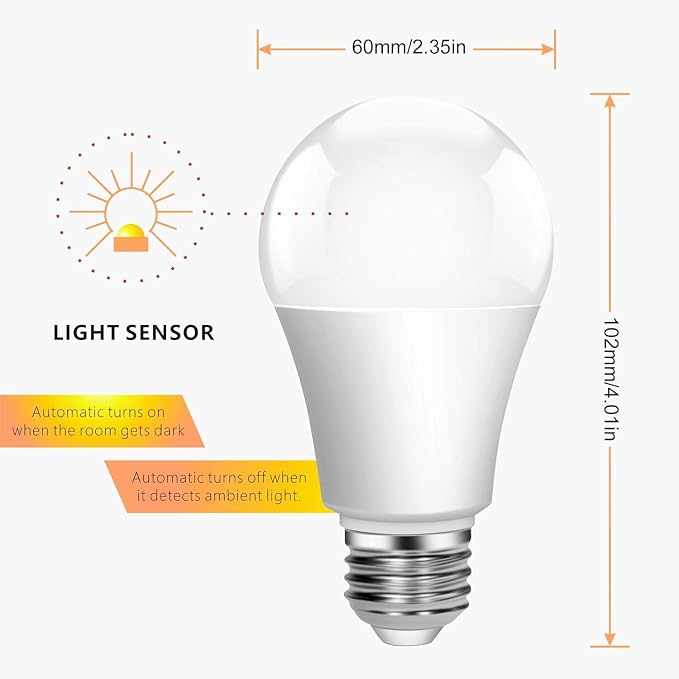 Boxlood Dusk to Dawn Light Bulbs, Built-in Photocell Light Sensor, Automatic On/Off, E26 Base 9W 60W Equivalent, AC120V 3000K Warm White, Indoor/Outdoor Sensor LED Bulb for Yard Entrance Porch 4Pack