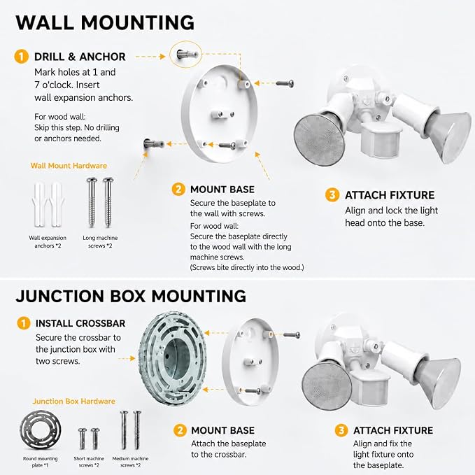 Motion Sensor Outdoor Light, 300W Waterproof Twin E26 PAR38 Holder | Motion Sensor Twin Heads: Auto activation, swivel E26 PAR38 sockets to adjust lighting angles（Bulbs not include）