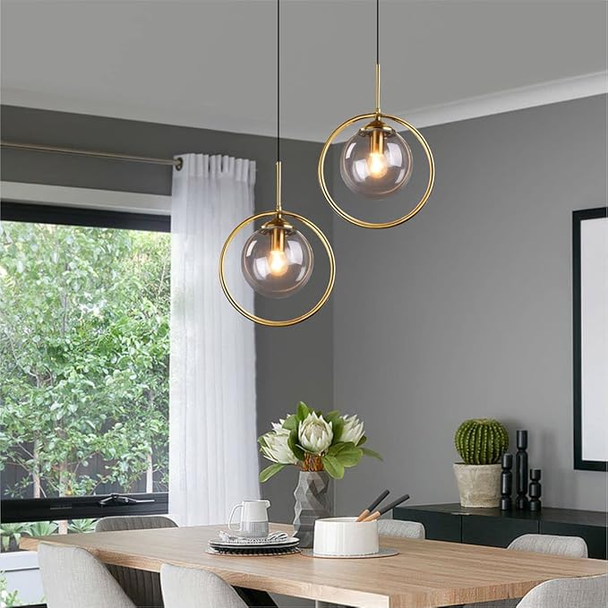 BOKT Mid Century Modern Large Globe Pendant Light Fixture Smoke Grey Glass Pendant Lighting Vintage Gold Circle Round Pendant Hanging Lights Minimalist Single Bathroom Lighting