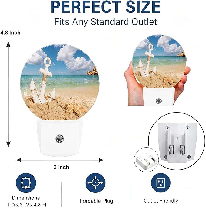 LED Night Light Summer Beach Night Lights Plug into Wall Auto on/off | Sea Wave Anchor Starfish on Sand Plug-in Night Light with Dusk to Dawn Sensor, Energy Saving Nightlight for Hallway Kitchen