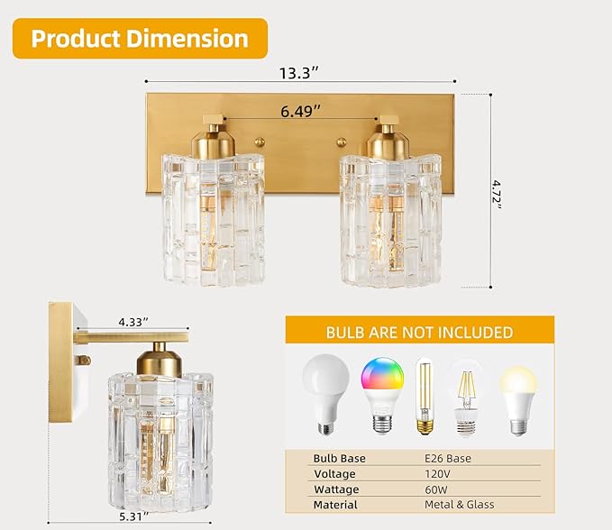 Brushed Gold Crystal Bathroom Vanity Light,2 Lights Modern Bathroom Wall Light,Over Mirror Light Fixtures for Living Room, Bedroom, Hallway