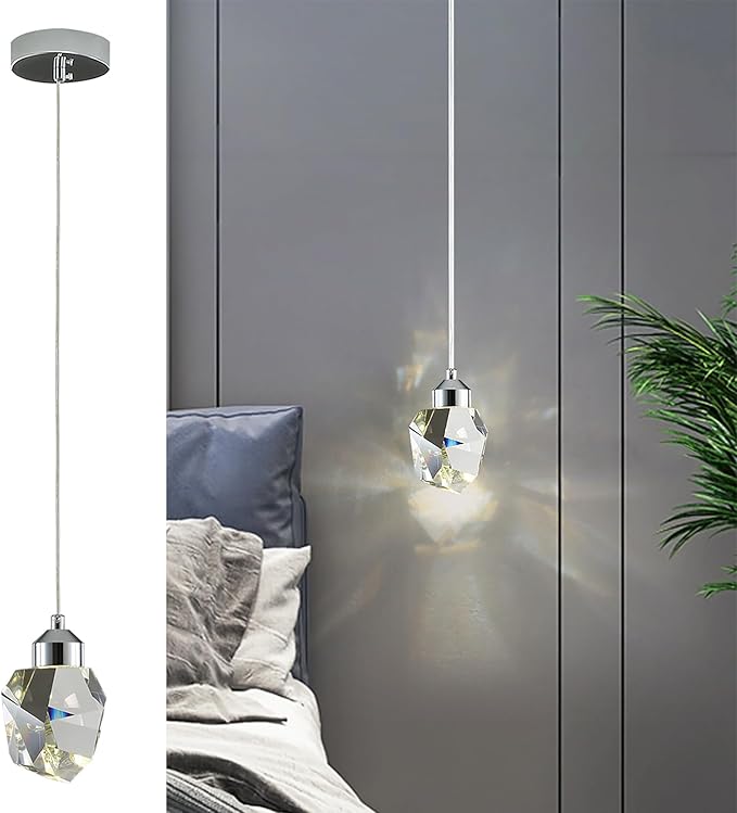 Modern Crystal Pendant Light, 3-Color LED Crystal Pendant Light, Adjustable Height Silver Ceiling Hanging Pendant Lamp, for Bedroom Dining Room Kitchen Island Decor Lighting (Silver)