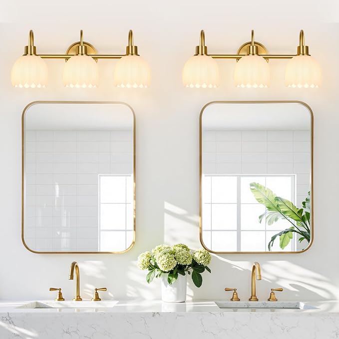 Bathroom Light Fixtures, 3-Light Gold Vanity Light Fixtures with White Tulip Glass Shades, Bathroom Lighting Fixtures Over Mirror for Bedroom, Living Room & Hallway (Bulbs Not Included)