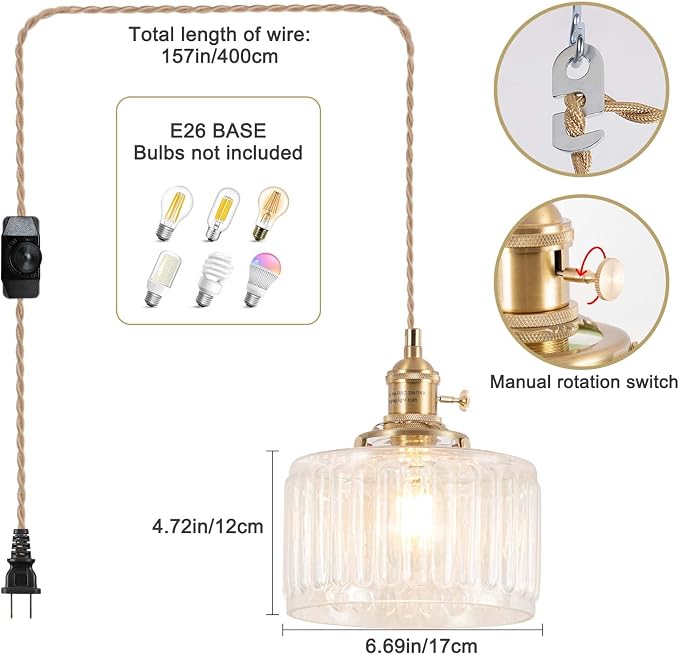 Pendant Light Fixtures,Plug in Hanging Light Fixture 6.6in Glass Pendant Light,E26 Pendant Lighting for Kitchen Island, Bedroom, Dining Room, Living Room