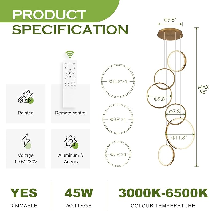 Modern LED Chandelier 6 Ring Gold LED Pendant Light Adjustable Height Hanging Ceiling Light Fixture Dimmable Chandelier Ceiling Hanging for Foyer, Entryway (98.5in 3000K-6500K)