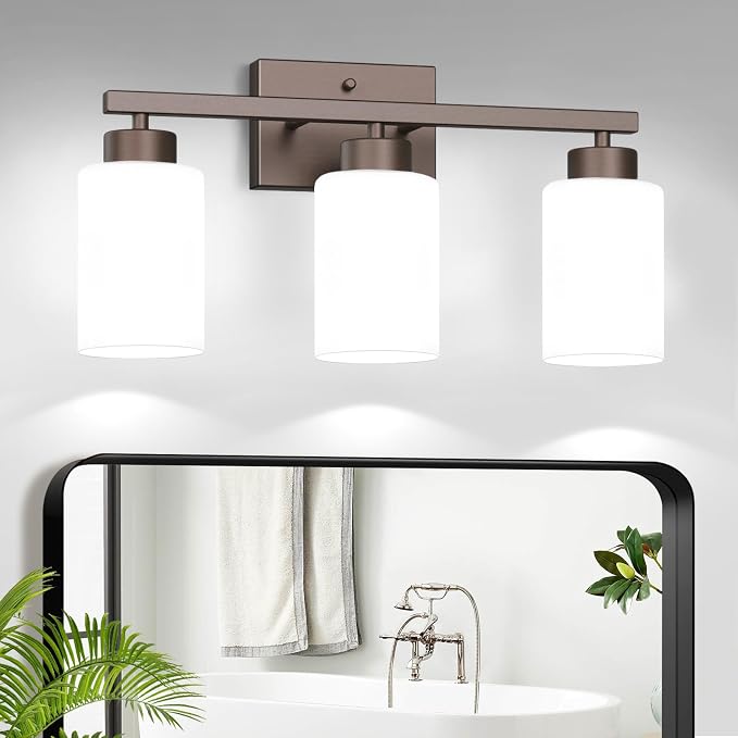 IZORRO Modern Bathroom Light Fixtures, 3 Light Oil-Rubbed Bronze Vanity Lights, Bathroom Lighting Fixtures Over Mirror with White Glass for Living Room Cabinet Bedroom