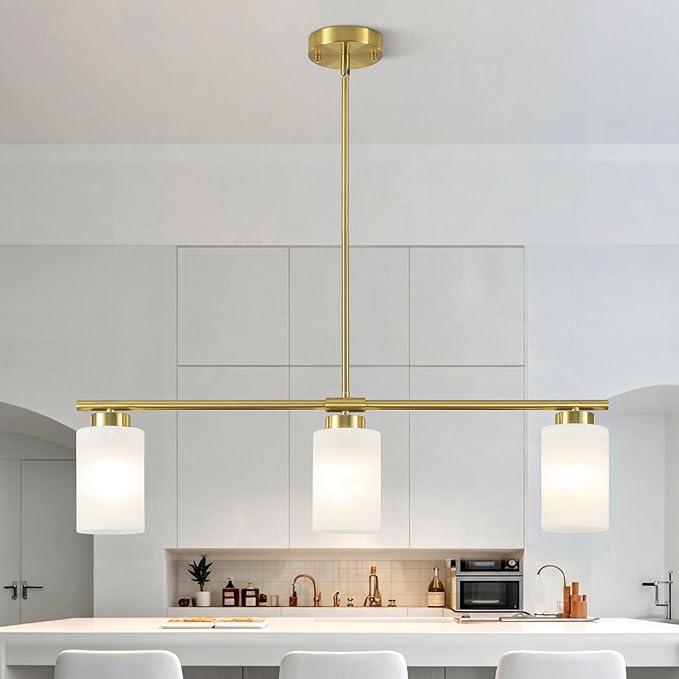 3-Light Gold Kitchen Island Lighting 31" Pendant Light with Milk Glass Shade Adjustable Height Linear Chandelier for Dining Room Modern Farmhouse Light Fixture Over Table, Bar, Living Room, Foyer, E26