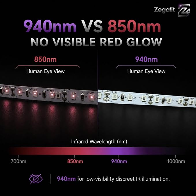 940nm IR Illuminator LED Strip Light, 600 LEDs High Density Infrared Tape (SMD 2835), Zero Glow Invisible Night Vision for Covert Security Camera, Wildlife, VR Tracking, 16.4ft/5m 12V