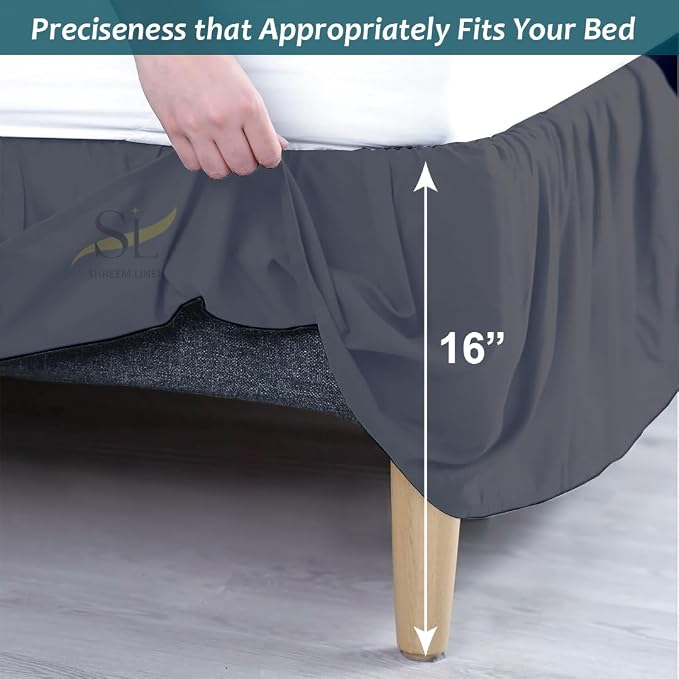 Shreem Linen Ruffled Bed Skirt with Split Corners, Gathered Style, 100% Microfiber, 16-Inch Drop, Dust Ruffle Bedskirt with Platform, Queen, Dark Grey