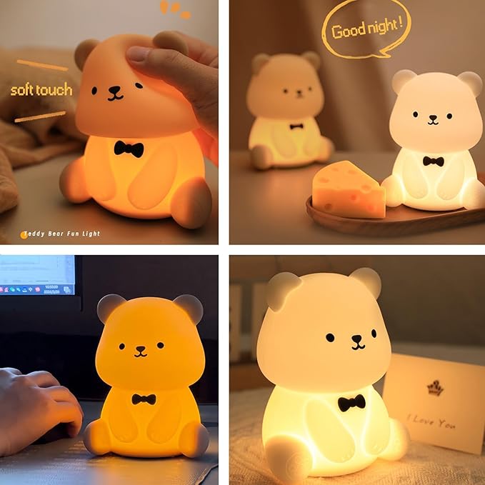 Cute Bear Night Light - 30min Auto-off Kids Toddler Nursery Bedside Nightlight, 3 Brightness 6 Light Colors Night Lamp for Bedroom, Birthday, Valentine’s Day Gift for Her Girls Boys, White