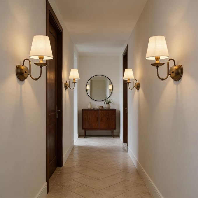 Aiwen Wall Lamps Polished Solid Brass Finish with Eggshell/White Flax Fabric Shade 1 Light