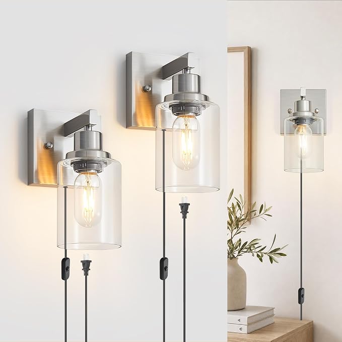 Plug in Wall Sconces Set of 2, Modern Corded Wall Sconce, Bedroom Wall Sconces with Clear Glass, Wall Decor Set of 2 Brushed Nickel Wall Lamps for Bedroom Living Room