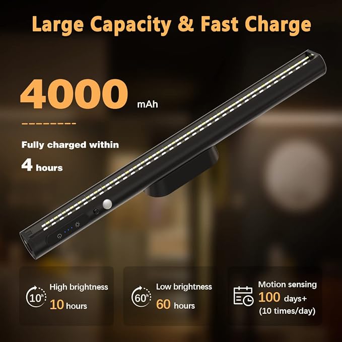 Battery Powered Operated Wall Strip Light with Motion Sensor | LED Light Bar, Rechargeable Magnetic Under Cabinet Lighting Wireless with Remote Control for Desk Mirror Closet Black
