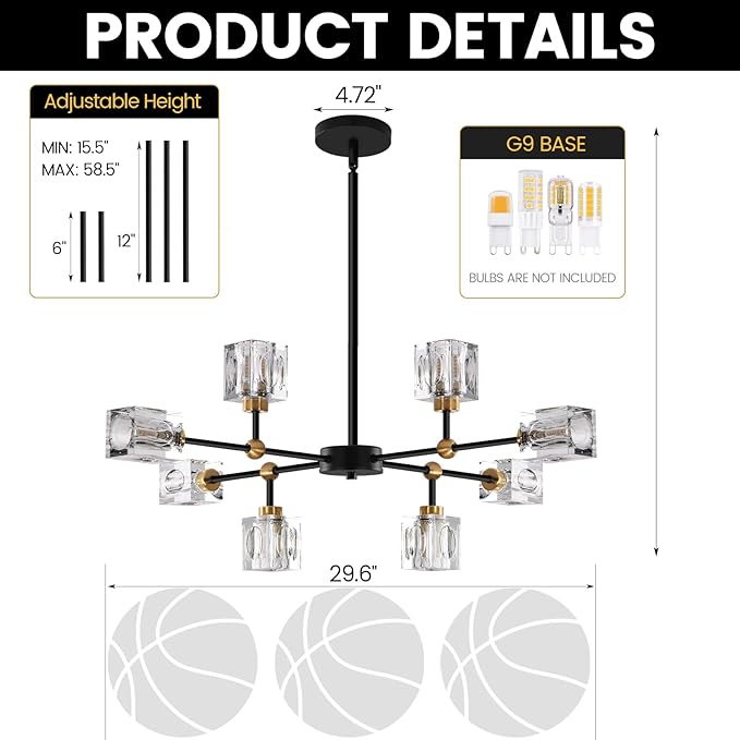 8-Light Black Crystal Chandelier Modern Sputnik Chandeliers for Dining Room Adjustable Height Sputnik Ceiling Light Fixture for Living Room Bedroom Kitchen Island
