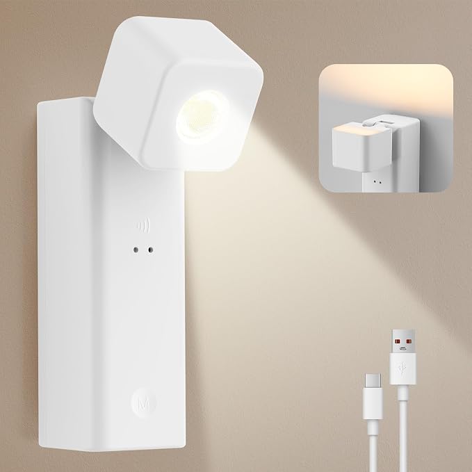 Yochoice Rechargeable Battery Operated Wall Sconce, Wireless Wall Lamp | Dimmable, Drill&Tape Installation, 4000mAh, Adjustable Angle, Bedside Reading Wall Light for Living Room Bedroom