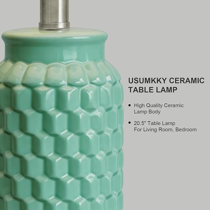 USumkky 20.5" Ceramic Table Lamps Set of 2 - Modern Farmhouse & Boho Style, Bedside Nightstand Lamps for Bedroom, Living Room End Table Lamps, Small Desk Lamp(Tiffany Blue)