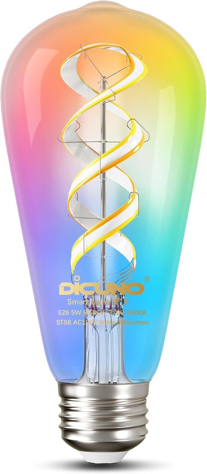 DiCUNO Smart Edison Bulb ST19, RGB Color Changing & Tunable White 1-Pack | WiFi Smart LED Bulb Work with Alexa & Google Home, 2700K-6500K Tunable via App, ST58 Edison Bulb 5W, 50Watt Equivalent, 500LM