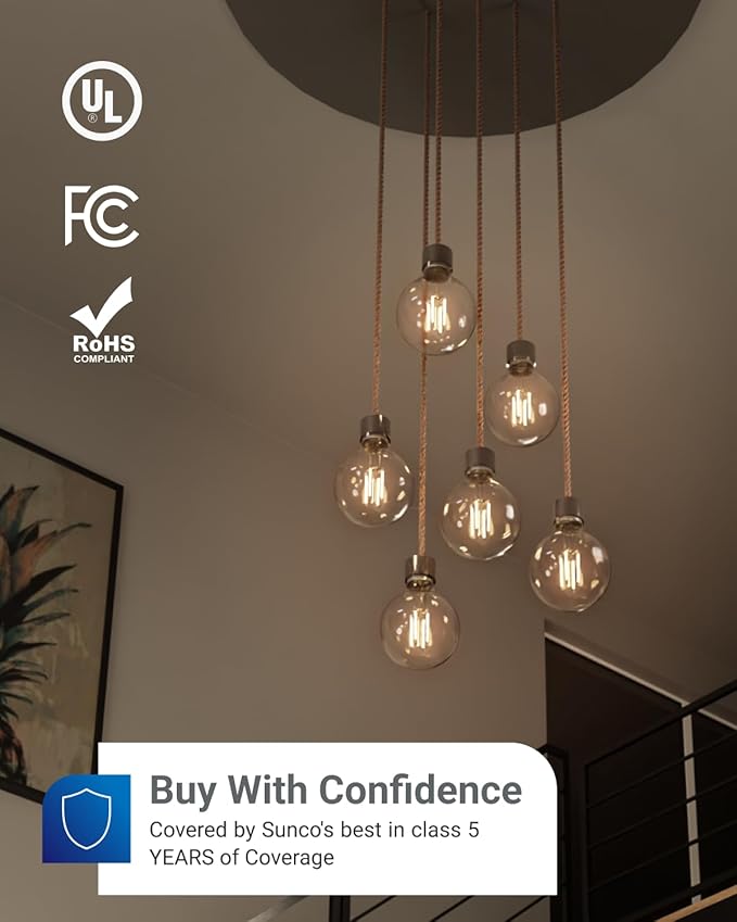 Sunco 6 Pack G25 LED Light Bulbs, Filament Edison Globe, Vanity Lighting Bulb for Bathroom Bedroom, 500 LM, 5W (60W Equivalent), 3000K Warm White, Dimmable, E26 Base, Clear UL