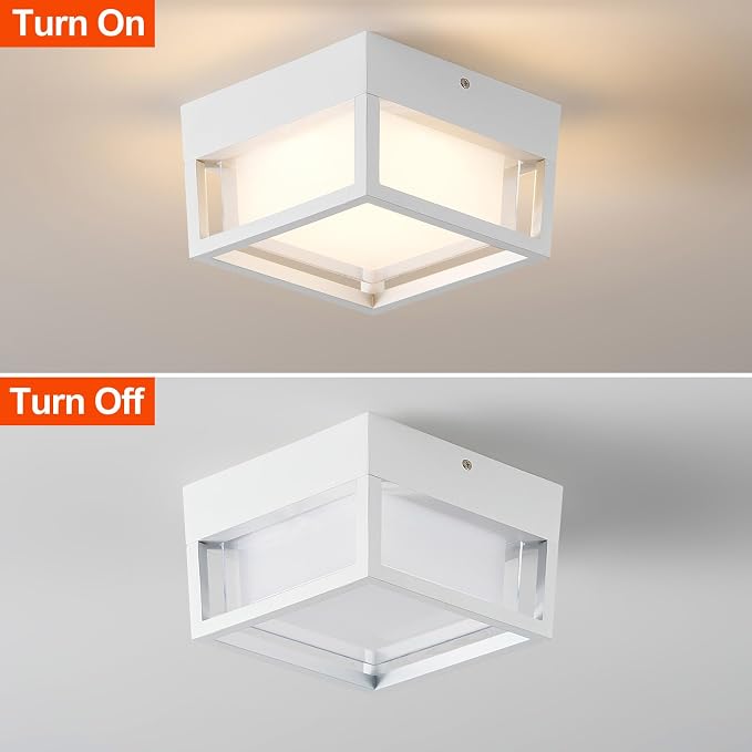 Small Outdoor Flush Mount LED Ceiling Light Exterior Porch Light Ceiling Mounted for Patio Balcony Terrace, 3000K Warm, 125w Equivalent, White, 6.3”x6.3”x4.3”