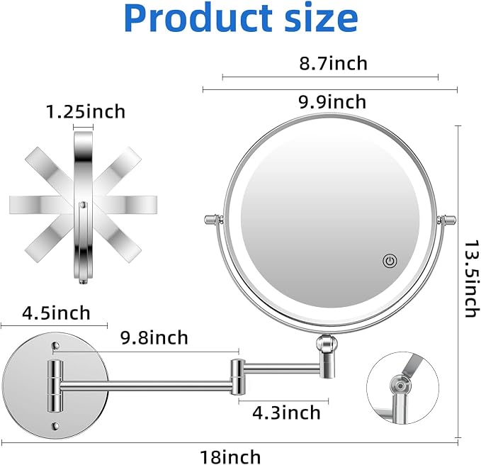 9"Wall Mounted Makeup Mirror with Lights,5000mAh Rechargeable 1X/30X | Lighted Magnifying Mirror,Double Sided Wall Mirror for bathroom,3Color Lighting,Touch Dimming, Extended Arm 360 Rotation