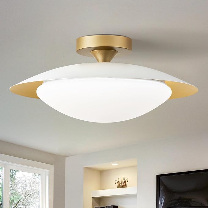 YURNYQ Dimmable Modern LED White and Gold Ceiling Light Fixture 15.75 in | Glass Shade Kitchen Semi Flush Mount Ceiling Light Fixture,5CCT In One Light Fxiture for Hallway Bedroom Laundry Room Foyer