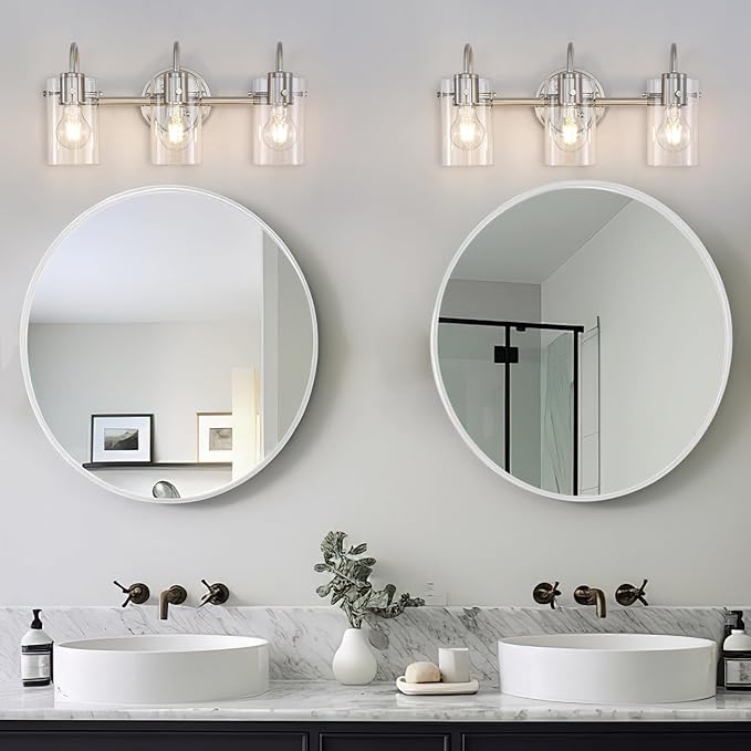 3 Lights Vanity Light Fixture, Brushed Nickel Bathroom Wall Sconces, Modern Wall Light with Clear Glass Shade, Farmhouse Wall Mount Porch Wall Lamp for Mirror, Kitchen, Living Room, Workshop