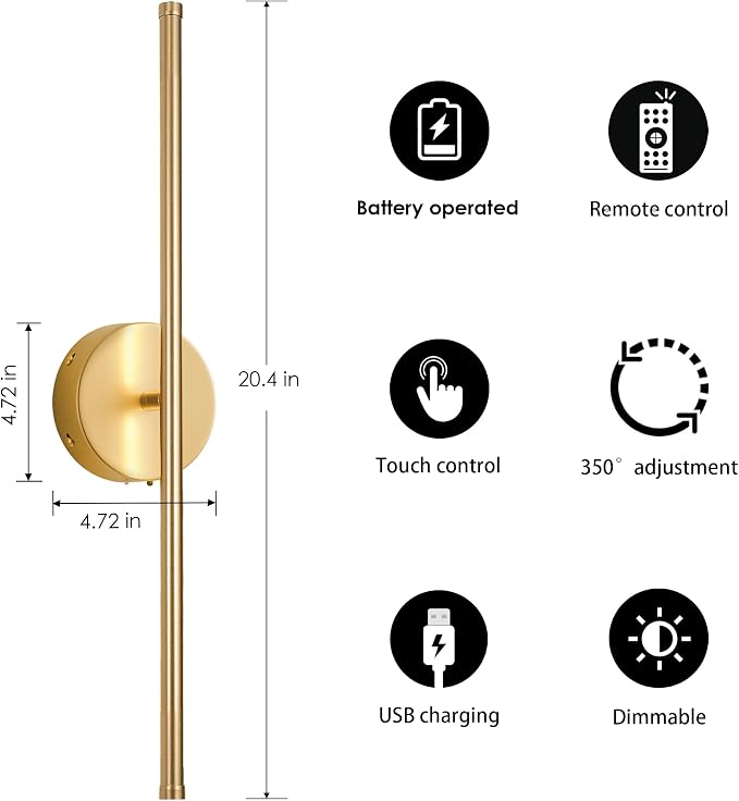 KARTOOSH Battery Operated Wall Sconces Set of Two Wireless Wall Lights | Rechargeable Wall Sconce with Remote 350°Rotate Dimmable 3000K LED Wall Lamp for Living Room, Bedroom