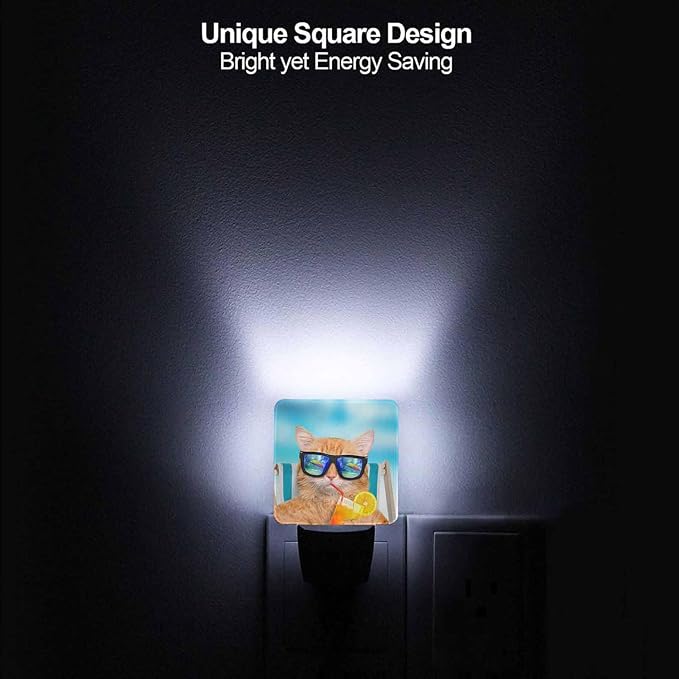 LED Night Light,Funny Cat Sunglasses Relaxing Vacation On Blue Sea LED Night Light Plug into Wall with Dusk to Dawn Light Sensor White Energy Efficient Nightlight for Bedroom Living Room Kitchen