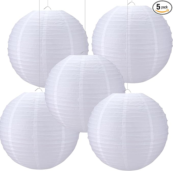 Glooglitter 5 Pcs 20 Inch Large White Paper Lanterns Gaint Chinese Moon Round Paper Lamp Japanese Jumbo Hanging Lanterns for Wedding Graduation Bridal Shower Birthday Party Supplies Decoration