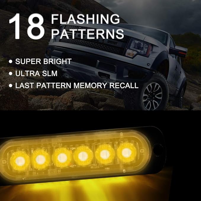 4-Pack 6 LED Amber Strobe Lights Vehicles Trucks Emergency Strobe Lights Kit 12V -24V Warning Hazard Flash Strobe Lights Bar Grill Grille Surface Mount Super Bright Waterproof