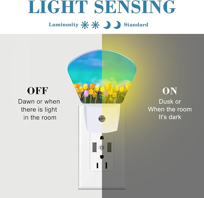 Tulips Flowers Oil Painting Night Light for Kids Girls Boys, Abstract Flower Painting LED Night Light Plug into Wall with Dusk to Dawn Sensor for Room, Hallway, Kitchen, Bathroom, Stairs Decor