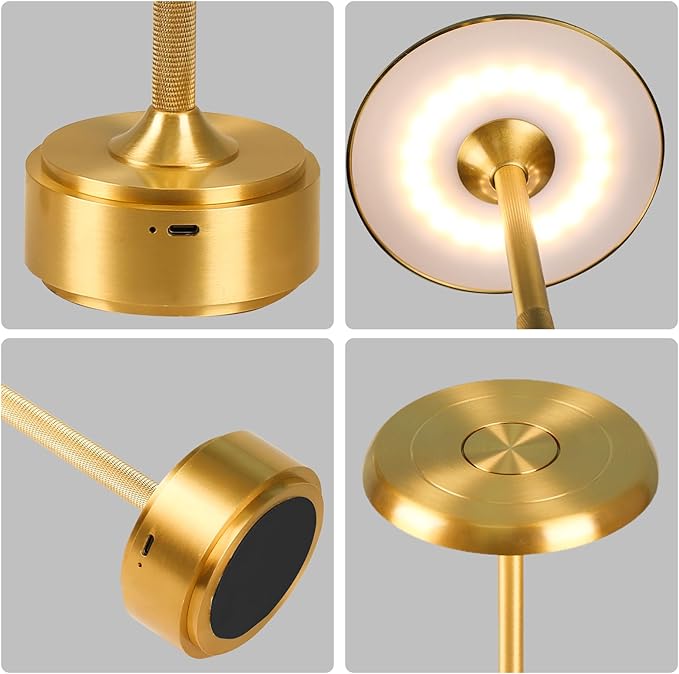 Cordless Rechargeable Modern Metal Table Lamp, Touch Dimming, 3-Color | Gold, 5200mAh Battery, Portable LED Desk Light, Touch Sensor, Suitable for Night Light/Restaurant/Night Stand/Coffee/Bar
