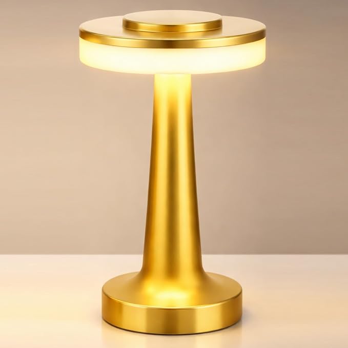 Riakrum 1 Pcs Gold LED Portable Cordless Table Lamp Bulk with Touch Sensor 3 Color Stepless Dimming Rechargeable Battery up to 15 Hours Cordless Table Light Wireless Lamp Wedding Home