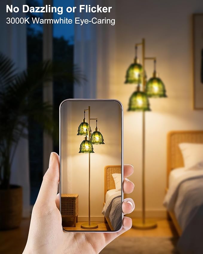 Lightdot 3-Lights Green Glass Floor Lamp Dimmable Gold Floor Lamp with Glass Shade 3000K Bulbs Included Unique Modern Standing Tall Lamp with 5Lbs Heavy Base for Living Room/Bedroom/Sofa Beside