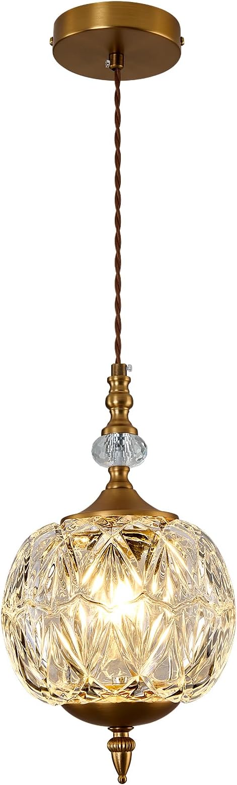 Piepooye Vintage Gold Glass Pendant Light for Kitchen Island | Antique Brushed Gold Chandelier E26 Mini Adjustable Hanging Ceiling Light Farmhouse Dining Room Bedroom Foyer Entryway