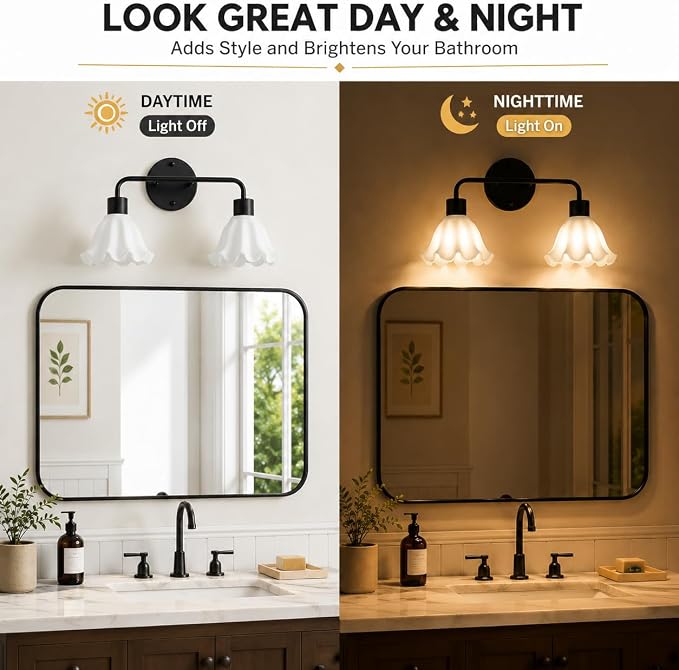 2 Light Black Bathroom Light Fixture,Modern Black Vanity Lighting Over Mirror,Cute White Glass Flower Lampshade,Wall Sconces,E26 Socket(Bulbs Not Included)