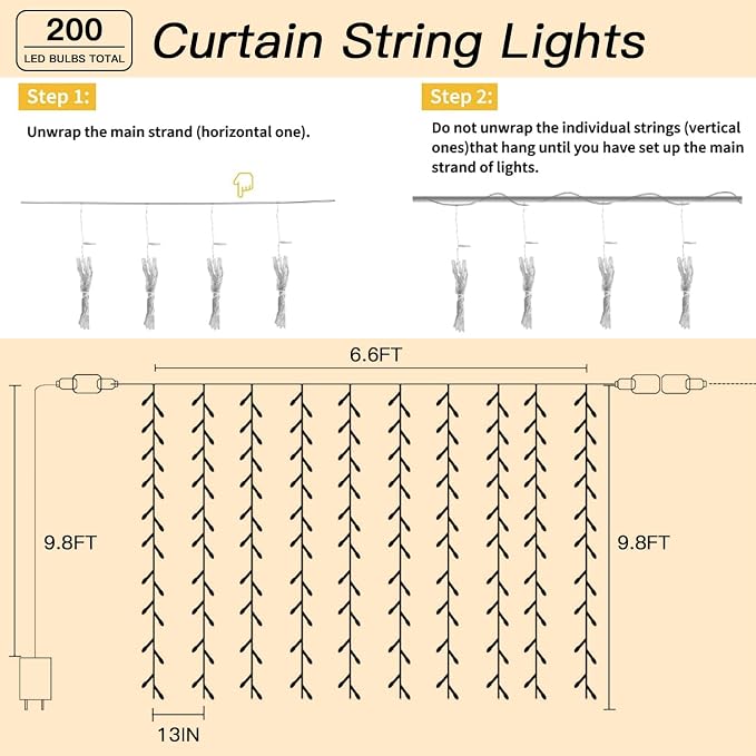 200 LED Warm White Curtain String Lights 9.8x6.6FT, Plug in Fairy Lights with 9 Hooks, Dimmable, Timer & 8 Modes, IP44 Waterproof, Bedroom Wall Wedding Party Christmas Indoor Outdoor Decor