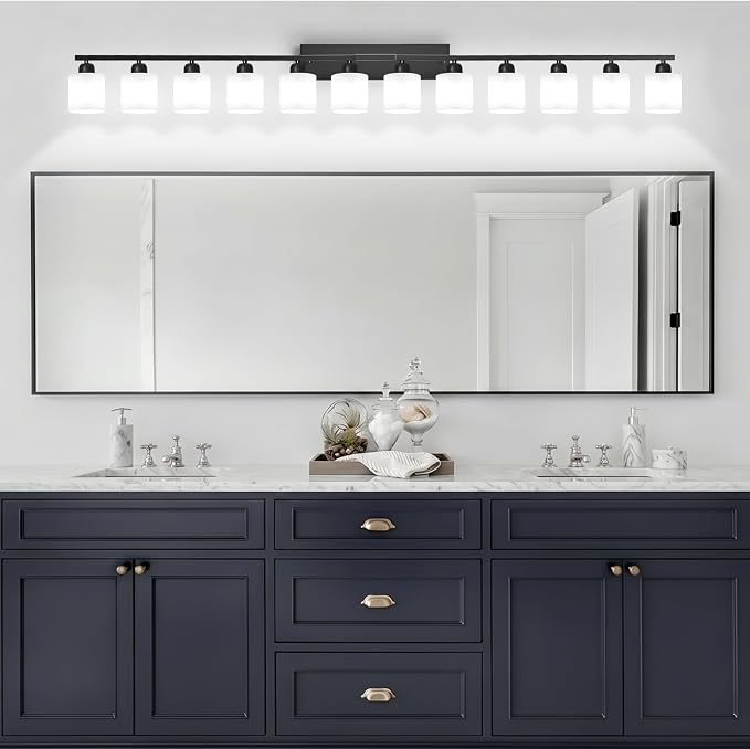 12 Light Black Vanity Lights for Giant Mirror, Bathroom Vanity Lights Over Mirror with Milky White Frosted Glass Shades,78.8 inch Bathroom Light Fixture for Mirrors, E26
